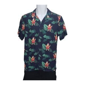 NWT Denim & Flower Mens Small Navy Cool Santa Hawaiian Shirt Viscose Holiday